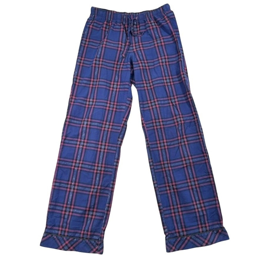 Victoria's Secret Blue Pink Plaid Pajama Pants Metallic Silver Thread Small Long